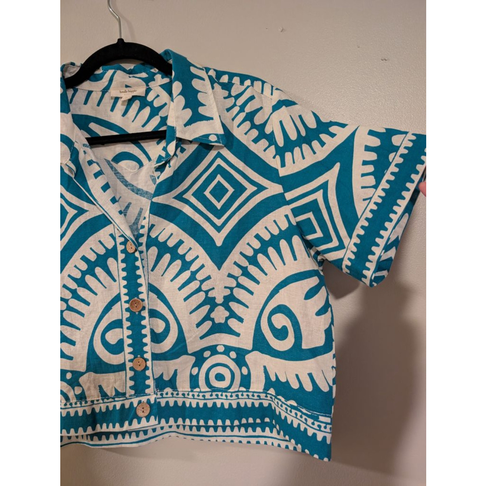 Women's Haute Hippie Button Down Shirt M White Teal Linen Blend - Picture 2 of 5